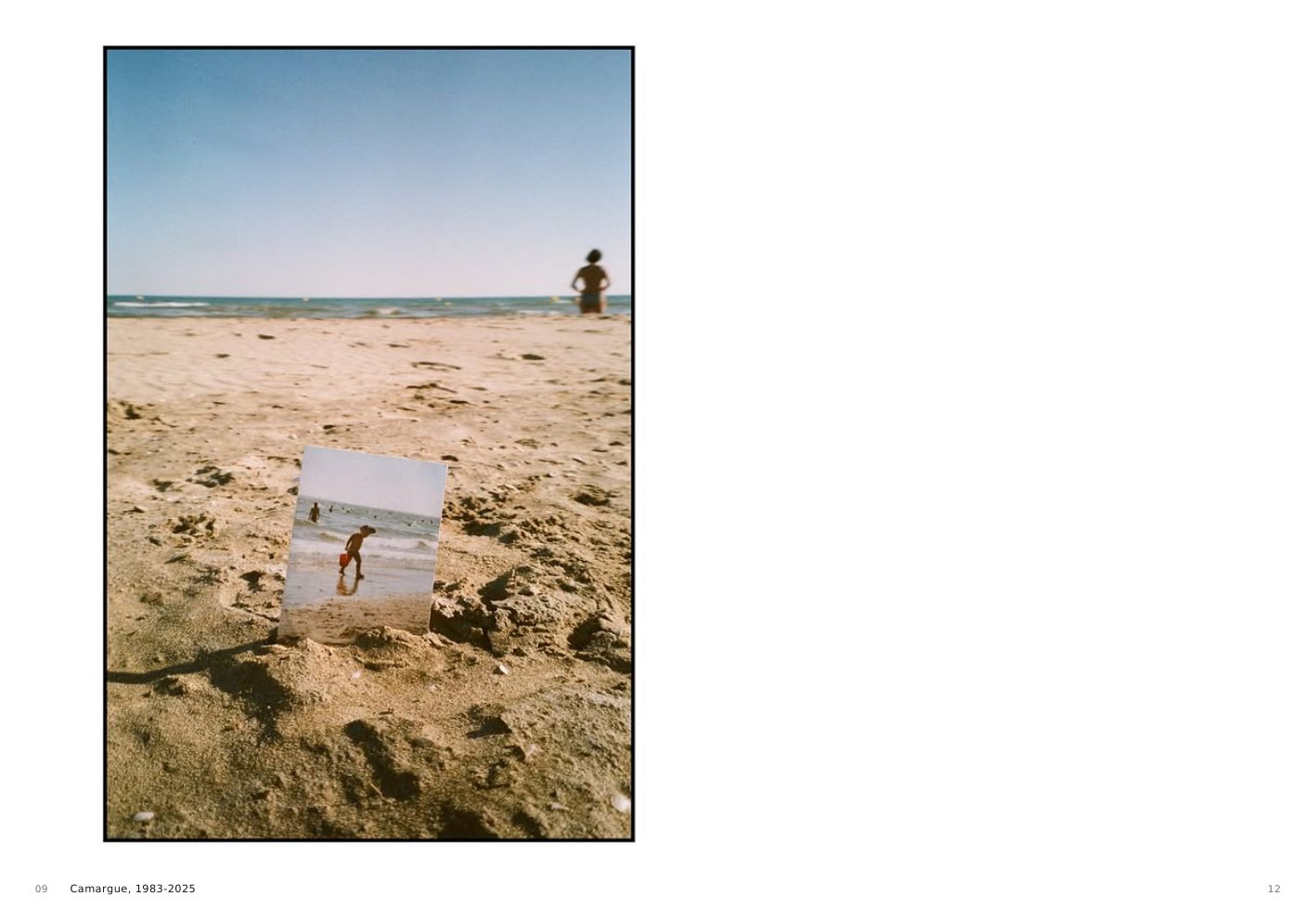 Camargue, 1983–2025, a family photograph placed upright in sand by the sea